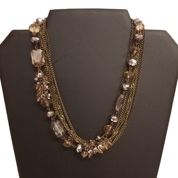 ANTIQUED BRASS LAYERED CHAIN NECKLACE WITH FACETED CHAMPAGNE GLASS BEADS - Picture 1 of 4